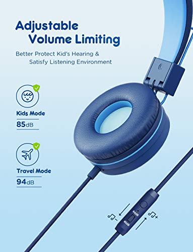 iClever HS14 아동용 유선 헤드폰, 라이트 블루, 85dB 볼륨 리미터, 스테레오 사운드, 내장 마이크, 3.5mm 오디오 잭 호환, 173.9g(6.5온스) | SafeSound Tech, 스테레오 사운드, 접이식, 오버 이어 유아용 헤드폰, 어린이/학교/태블릿/여행용 내구성 있는 헤드폰 - color: 라이트 블루