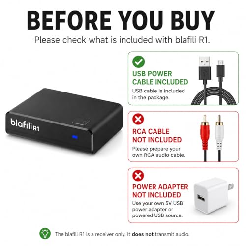 R1 Bluetooth Receiver for Home Stereo with RCA Line Out & USB Input | No-beep pairing, aptX Adaptive HD, for amplifiers and powered speakers, always-on USB power, music streaming only, no mic
