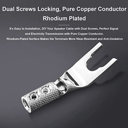 4PCS Spade Connector,45 Degree Pure Copper Audio Fork Y Spade Plug DIY with Heat Shrink Tubing and Hex Wrench,Double Screw Locking Speaker Cable Plug for Speaker Cables (Knurled Rhodium Plated) - color: Rhodium Plated Knurled Style