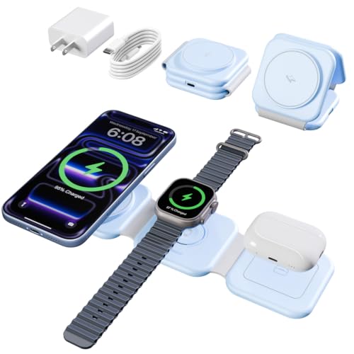 15W Magnetic Travel Charging Station, 3-in-1 Foldable MagSafe Charger | Wireless Charger for Apple Multiple Devices - iPhone Air 17 16 15 14 13 13 Pro Max, Watch & AirPods - Sky Blue - color: Sky Blue