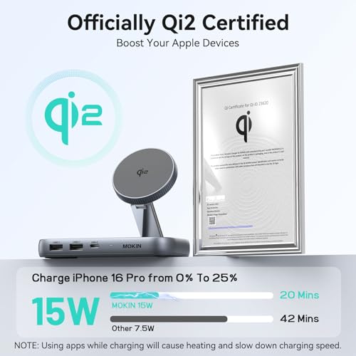 MOKiN USB C Hub with 15W Qi2 Wireless Charger, Laptop Docking Station to 4K HDMI, 100W PD, 10Gbps Ports, 15W+5W Wireless Charging Stand for iPhone 16/15/14/13 & Airpods, USBC Dock for MacBook/Windows