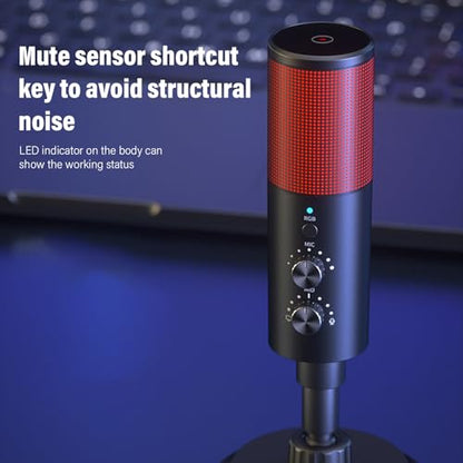 USB Microphone,with Brilliant RGB Lighting Headphone Output Volume Control, Mute for Computer Mobile Phone Live Streaming Recording