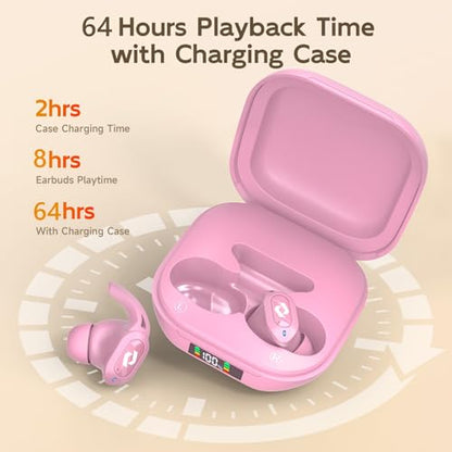 Wireless Ear buds Bluetooth Earbuds Stereo Bass Built in Mic Headphones LED | Power Display Waterproof Wireless Charging Case 64H Playback for iPhone Android Phones Computer Sports Gaming Workout Running - color: Pink