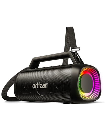 Ortizan 80W Speakers Bluetooth Wireless Loud with Bass, Waterproof, Black | IPX7, 24H Playtime, Bluetooth 5.3, TWS Pairing, Large Outdoor Speaker with Lights, Portable for Garage, Camping and Beach