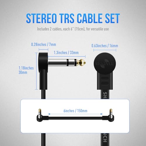 TRS Guitar Patch Cable 1/4 inch Right Angle Effect Pedal Cord | Noise Free Pedal Board Patch Cables, Low Profile Stereo TRS Effect Patch Cords for Pedals (6IN+6IN) - size: 6IN+6IN