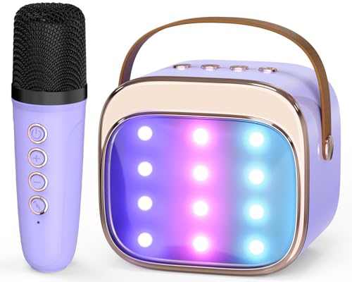 FLUESTON Mini Karaoke Machine for Kids Adults, Portable Bluetooth Speaker with Wireless Microphone, Birthday Kids Gifts Toys for Girls Ages 3, 4, 5, 6, 7, 8, 9,10,11,12+ Years Old - color: Purple 1 Mic