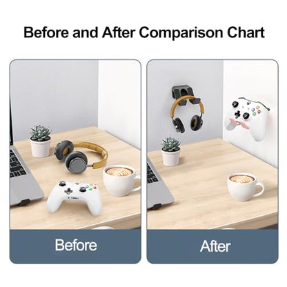 Game Controller Holder, Adhesive Headphone Holder Wall Mount with Dual Hook for Gaming Accessories, Headset and Controller Stand, Desk Hook and Space Saving Organization, Black