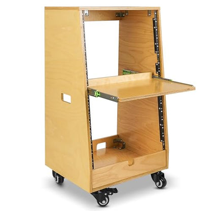 Sound Town DIY Slanted 16U Studio Rack (8U Top + 8U Lower), with 2U Bottom Storage, Slide-Out Tray, Caster, Plywood, Golden Oak for Recording Room, Home Studio (SDRK-ST16T) - size: 16U(8U Top + 8U Lower),Golden Oak