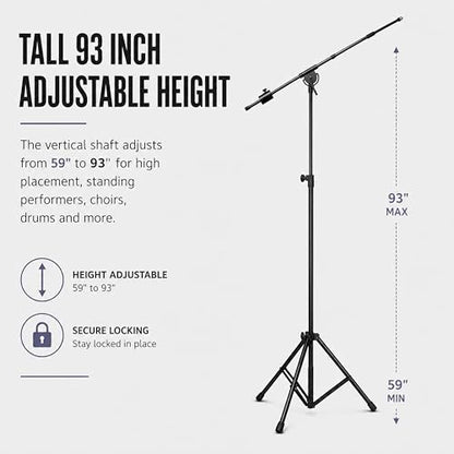 LyxPro SMT-1 Professional Microphone Stand Heavy Duty 93” Studio Overhead Boom Stand 76” Extra Long Telescoping Arm Mount, Foldable Tripod Legs & Adjustable Counterweight - size: Standard without Caster Wheels