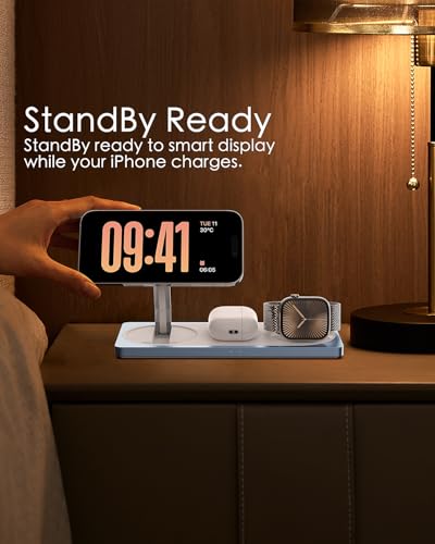 3 in 1 Wireless Charging Station for Apple Devices with MagSafe | For iPhone 17/Air/16/15/14/13/12, AirPods & Apple Watch, Foldable Portable Aluminum Charging Stand, Adapter Included - color: Blue