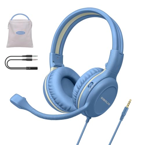 SIMOLIO Wired Headphones for School with Microphone, Stereo Kids Headphone with Flexible Swivel Boom Mic for Student K12 & Teacher & E-Learning, 3 Levels Volume Limiter Gaming Headsets for Boys, Girls - color: Light Blue