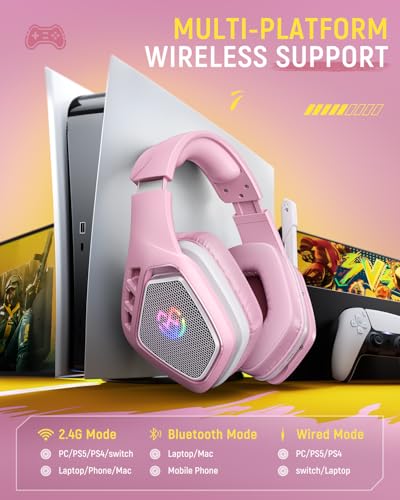 Tatybo Wireless Gaming Headset with Mic, 7.1 Sound 50mm Driver, White Pink | FPS & RPG Audio, 2.4G/BT 5.3/USB-C, 30H battery, Low latency for PS5/PS4/PC/Switch/Laptop/Mobile - color: White Pink