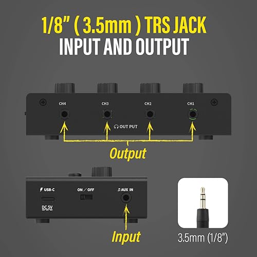 Superlux HA4D 4-Channel Headphone Amplifier, USB-C Power, Volume and Mute | For podcasts, classrooms and group recording; 4 independent 3.5mm outputs with volume and mute controls plus USB-C power.