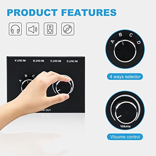 4 Way 3.5mm Stereo Audio Switch, AUX 3.5mm Audio Switch Audio Switcher Passive Speaker Headphone Manual Selector Splitter Box Audio Sharing (4/1 in -1/4 Out)