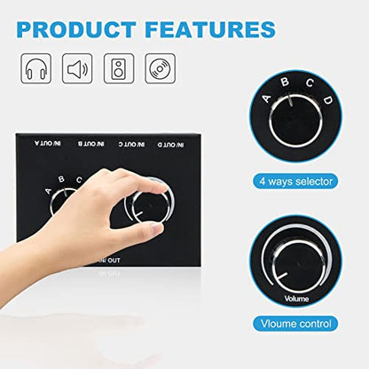 4 Way 3.5mm Stereo Audio Switch, AUX 3.5mm Audio Switch Audio Switcher Passive Speaker Headphone Manual Selector Splitter Box Audio Sharing (4/1 in -1/4 Out)