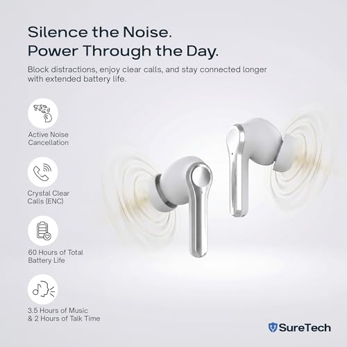 ANC Noise Cancelling Earbuds, Bluetooth 6.0, 60H Battery, White | ENC, AI translation via AICOOL app, touch control, waterproof, S/M/L silicone tips, 13mm drivers, low latency