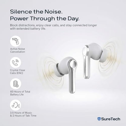 ANC Noise Cancelling Earbuds, Bluetooth 6.0, 60H Battery, White | ENC, AI translation via AICOOL app, touch control, waterproof, S/M/L silicone tips, 13mm drivers, low latency