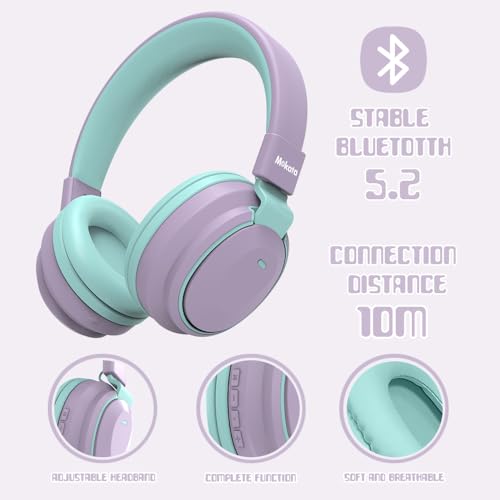 Mokata Kids Headphones Bluetooth 5.3 Wireless Lightweight Fast Charging 68 Hours Play Time Volume Limited 85/94dB Over Ear Foldable with Built-in Mic for Toddler Tablet Pad Light Purple - color: Light Purple