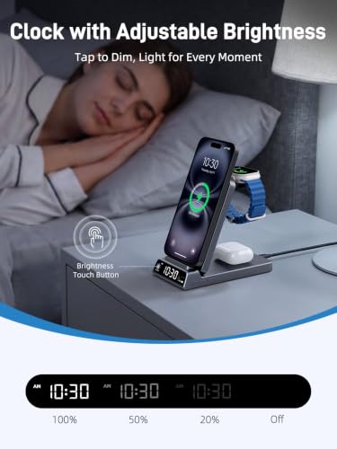3 in 1 Charging Station for Apple, Travel Wireless Charger with Clock | ELECDOV Magnetic Charger for iPhone, Foldable Watch Charger Stand for iPhone 17/Air/16/15 Series, iWatch 10/AirPods 4 (Grey) - color: Grey