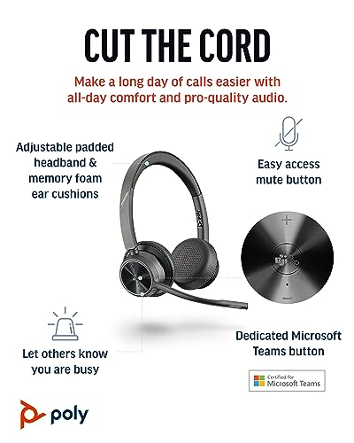 Poly Voyager 4320 UC Wireless Headset, Bluetooth Headphones with Mic - Noise-Canceling Boom Mic - Connect to PC via USB-C to USB-A Adapter, Cell Phone via Bluetooth - Microsoft Teams Certified - style: Headset, Teams Version