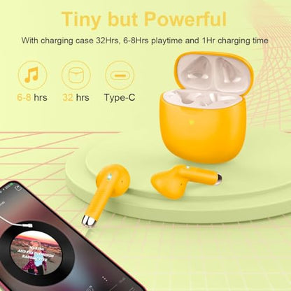 Wireless Earbuds, Bluetooth 5.4 Earbuds Stereo Bass, Bluetooth Headphones in Ear Noise Cancelling Mic, Earphones IP7 Waterproof Sports, 32H Playtime USB C Charging Case Yellow Ear Buds for Android iOS - color: Glossy Yellow