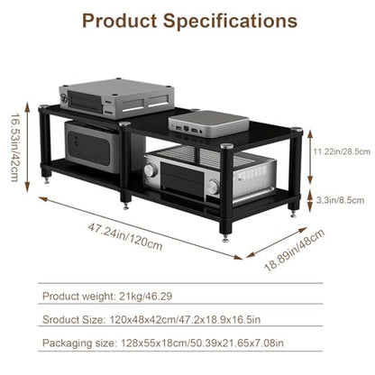 2-Tier AV Media Stand with Speaker Spikes for Home Theater | 2-Tier Audio Cabinet, Black, Open Shelving, Speaker Spikes Reduce Vibration, CD/Receiver/Turntable, Home Theater, Office