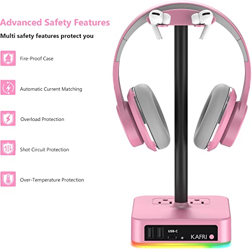 KAFRI RGB Headphone Stand with USB Charger Desk Gaming Headset Holder Hanger Rack with 3 USB Charging Port and 2 Outlet - Suitable for Gamer Desktop Table Game Earphone Accessories Girlfriend Gift - color: Pink