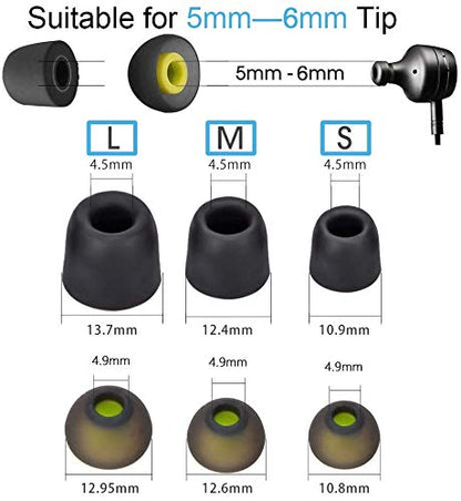 [6 Pairs] Earphone Tips S M L for in Ear Headphones, 12pcs Anti-Slip Silicone Earbud and Memory Foam Ear Bud Tips, Noise Cancelling 5mm-7mm Earbud Tips