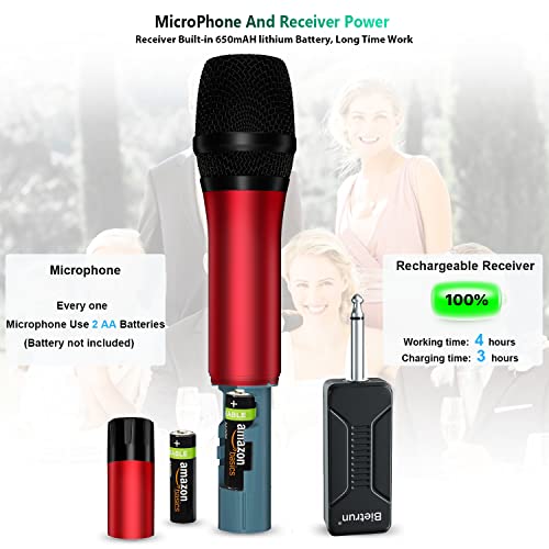 Bietrun Wireless Microphone, Uhf Metal Dynamic Handheld Karaoke Mic - color: Red