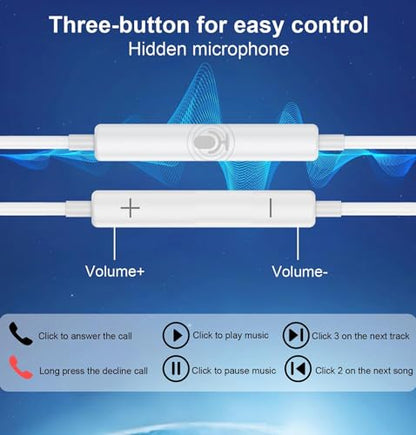 2 Packs Wired Headphones for iPhone 14 Earphones Wired Nosie Reduction Built-in Microphone&Volume Control Headsets，Earbuds for iPhone 14/13/12/11/XR/XS/X/8/7/6/SE/Pro Max，Support All iOS System，White