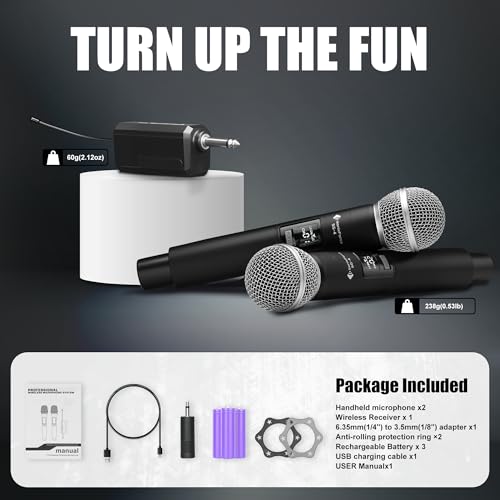 Wireless Microphone for Singing, Karaoke Microphone for Speaker | Dual Handheld Mics with Receiver, 240ft Wireless Range, Plug-and-Play, 8hr Battery Life, USB Recharge - color: Silver