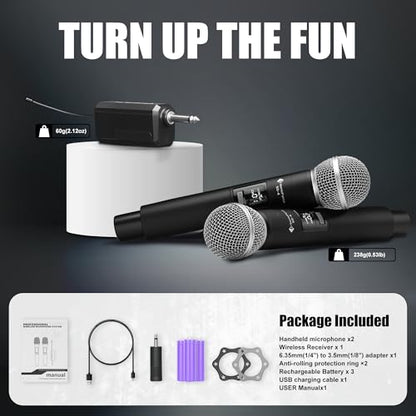 Wireless Microphone for Singing, Karaoke Microphone for Speaker | Dual Handheld Mics with Receiver, 240ft Wireless Range, Plug-and-Play, 8hr Battery Life, USB Recharge - color: Silver