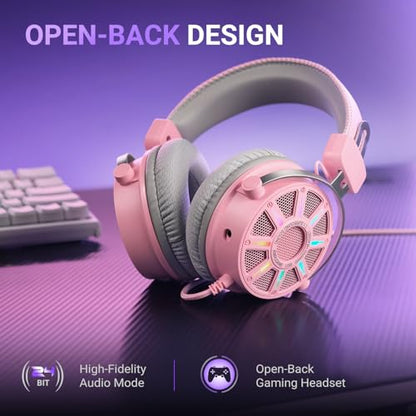 FIFINE USB Gaming Headset with Open Back Design, 7.1 Virtual Surround Sound, 53mm Dynamic Drivers, RGB Headphone with Handy Control Box, Detachable Boom Mic for PC, PS5, PS4, Laptop, Mac - H19P - color: Pink