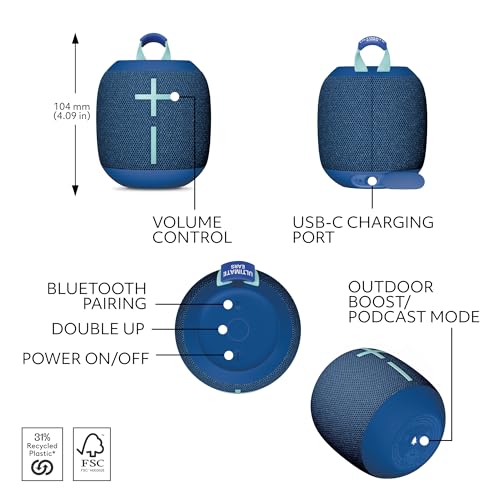 Ultimate Ears WONDERBOOM 4 Portable Waterproof Speaker - Blue | Balanced 360-Degree Sound and Bass, Dustproof, Floating, 131ft (40m) Range - color: Blue