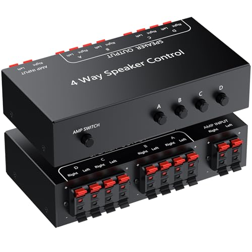 PROZOR 4-Zone Speaker Selector Switch, Passive Speaker Switch Box for 1 Amplifier to 4 Speaker Pairs, Independent A/B/C/D Buttons, 150W RMS per Channel, Supports 4–16Ω Passive Speakers | for 1 Amplifier to 4 Speaker Pairs, Independent A/B/C/D Buttons, 150