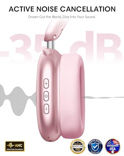 Wentronic Y02 Active Noise Cancelling Wireless Headphones, Pink | Over-Ear, Bluetooth, 60H Playtime,Crystal Clear Calls, Hi-Res Audio, Big Bass, Foldable Lightweight for Travel Home Office - color: Pink