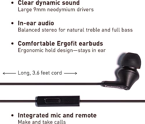 Panasonic ErgoFit Wired Earbuds with Microphone, 3.5mm Jack Wired Headphones with Mic and Call Controller, Ergonomic Custom-Fit Earpieces (S/M/L), for Phones and Laptops - RP-TCM125-KA (Matte Black) - color: Matte Black, style: With Mic
