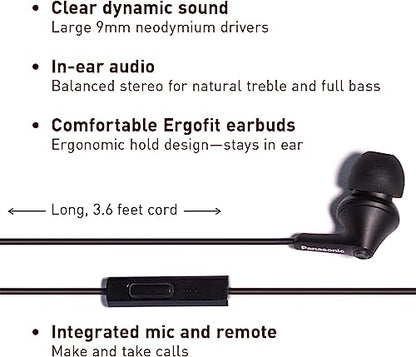 Panasonic ErgoFit Wired Earbuds with Microphone, 3.5mm Jack Wired Headphones with Mic and Call Controller, Ergonomic Custom-Fit Earpieces (S/M/L), for Phones and Laptops - RP-TCM125-KA (Matte Black) - color: Matte Black, style: With Mic