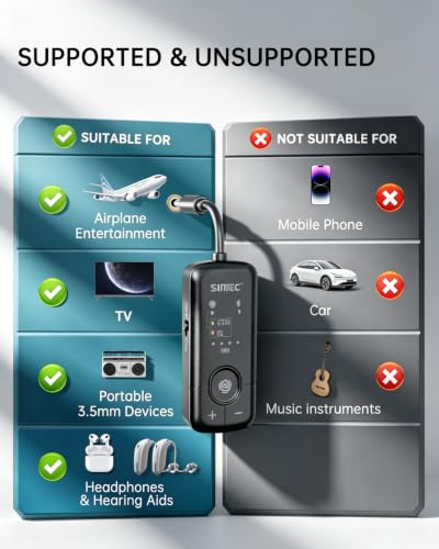 Airplane Bluetooth LE Audio Adapter & Auracast Transmitter for Hearing Aids