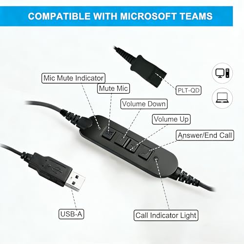 VT QD to USB Adapter Cable Compatible with 4-Pin Plantronic-Poly QD Headset with Quick Disconnect, Call/Volume Control and Mute, for MS Teams and Genesys - style: PLTQD-USB(03)