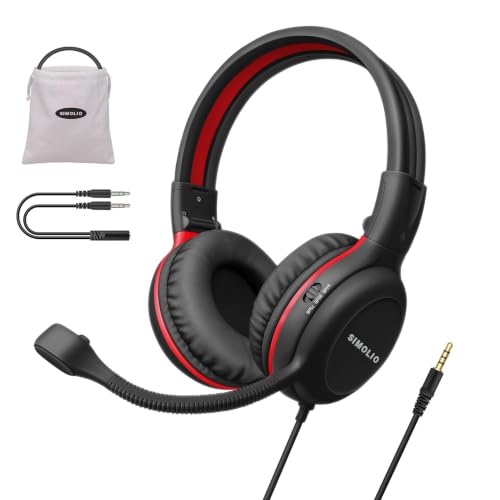 SIMOLIO Wired Headphones for School with Microphone, Stereo Kids Headphone with Flexible Swivel Boom Mic for Student K12 & Teacher & E-Learning, 3 Levels Volume Limiter Gaming Headsets for Boys, Girls - color: Black