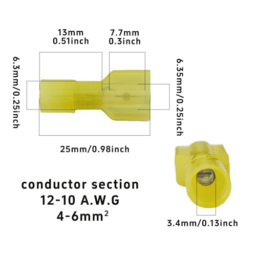 100Pcs Yellow Male Spade Connectors 12-10 AWG, Nylon Insulated Quick Disconnect Terminals, Tinned Copper Crimp Wire Connectors for Automotive, Speaker, Electronics - size: 12-10 AWG