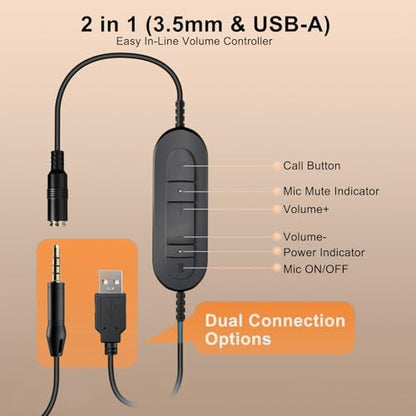 USB Headset with Noise Cancelling Microphone for PC, Laptop, Call Center/Office, Lightweight USB-A/3.5mm Audio Jack Headphones for Zoom, Teams, Webinar, Dragon, Remote Work, Online Meetings