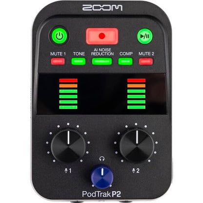 Zoom PodTrak P2 Dual USB Mic Recorder for Podcasters Bundle with 4X AA Batteries with Charger + Extreme Pro 64GB microSDXC Memory Card + Cleaning kit + 6 Pack Wire Straps