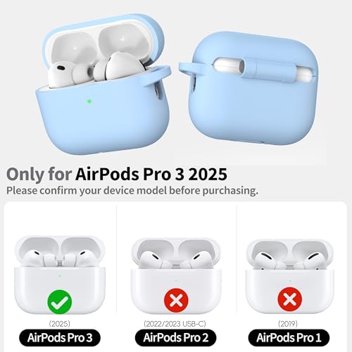 RFUNGUANGO AirPods Pro 3 Case Silicone Protective Cover, Sky Blue | Compatible with AirPods Pro 3rd Generation, Wireless Charging Compatible with Cleaning Kit & Keychain - color: B-Sky Blue, size: AirPods Pro 3 Case