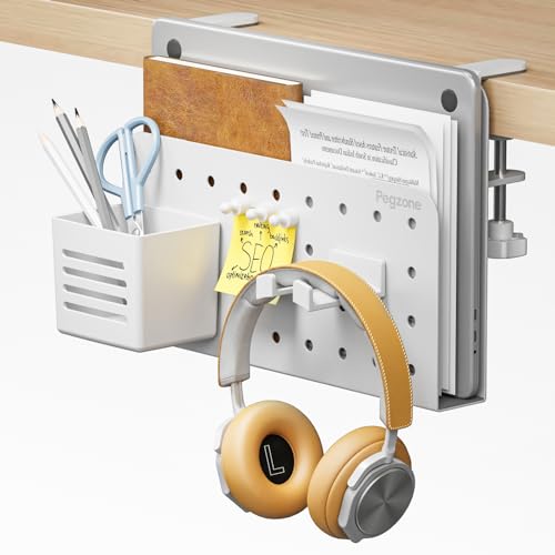 Desk Side Storage Organizer, Fits Flat Edge 0.4" to 2.2", White | No Drill Under Desk Laptop Holder, Clamp on Desks Shelf with Pegboard Accessories, Hanging Laptop Mount - color: White