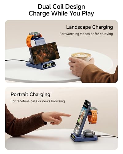 3 in 1 Wireless Charger for Samsung Galaxy S26 Ultra, Galaxy Watch 8, Buds | Dimmable LED clock, Dual-angle charging stand, Case-friendly, Compact & space-saving, Multi-protection, Charging indicator - color: Blue