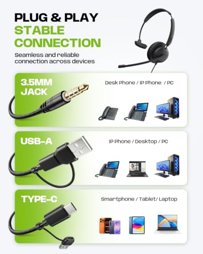 Acer USB Headset with Microphone, Clear Sound Quality for Call ＆ Meetings, Wired Computer Headset for PC Laptop, Single Ear Headset for Office, Work, Teams and Call Center Use - USB-A/C & 3.5mm | Clear Sound Quality for Call ＆ Meetings, Work Headset for O
