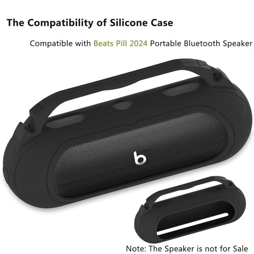 Silicone Cover Case Compatible with Beats Pill 2024 Bluetooth Speaker | Accessories for Beats Pill Speaker Protective Case with Handle, Shockproof and Anti-Scratch Cover (Black) - color: Black
