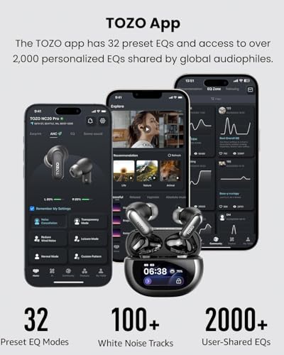 TOZO NC20 Pro Active Noise Cancelling Wireless Earbuds, Smart LCD Screen | LDAC Hi-Res Audio, Stereo Bass, 6 Mics AI Call Ear Buds, 80H Playtime, IPX8 Waterproof, 32 EQ via App, Wireless Charging - color: Ink Black